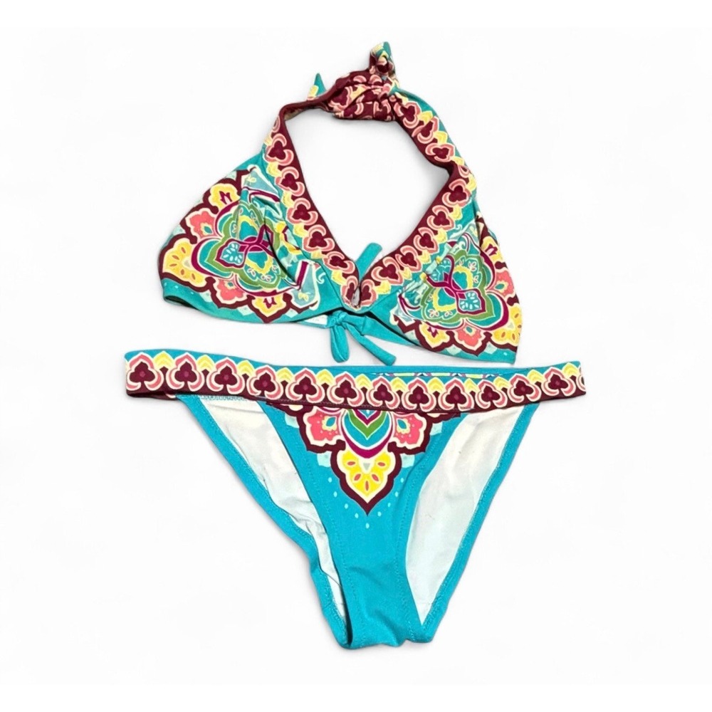 Y2K Victoria's Secret Bikini Set XS Tribal Blue Boho Halter Swimwear 2 Piece